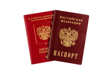 international and domestic Russian passports isolated on a white background top view close up