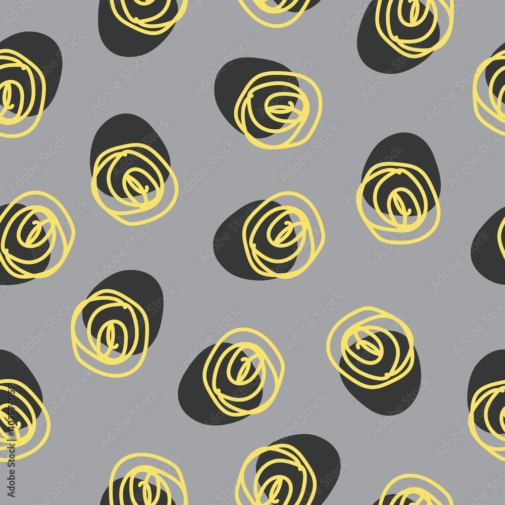 Poster abstract seamless pattern with black and yellow doodle circles and swirl on grey background. trendy 