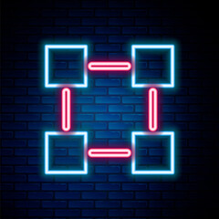 Glowing neon line Blockchain technology icon isolated on brick wall background. Cryptocurrency data. Abstract geometric block chain network technology business. Colorful outline concept. Vector.