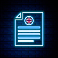 Obraz premium Glowing neon line Medical clipboard with clinical record icon isolated on brick wall background. Health insurance form. Prescription, medical check marks report. Colorful outline concept. Vector.