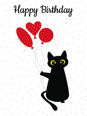 Black cat and red balloons with polka dots. Festive card for Birthday. Pattern for fashionable prints on cups, textiles, clothing, gliders. Vector illustration.