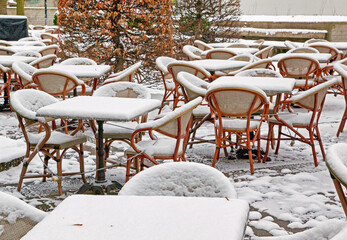 Closed snowy terrace due coronavirus pandemic