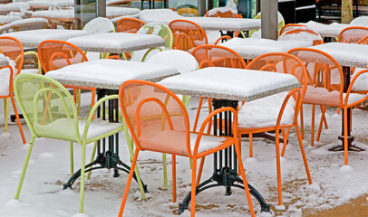 Closed snowy terrace due coronavirus pandemic