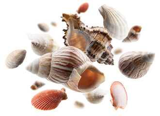 Beautiful seashells levitate on a white background