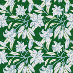 White lilies on green background