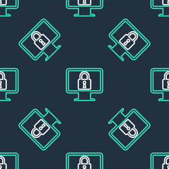 Line Lock on computer monitor screen icon isolated seamless pattern on black background. Monitor and padlock. Security, safety, protection concept. Safe internetwork. Vector.