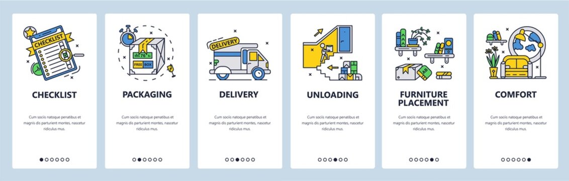 Checklist, tasks organizer. Packaging, delivery, furniture placement. Mobile app screens, vector website banner template