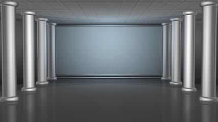 Virtual studio set with shiny reflective steel columns and floor. 3d rendering illustration