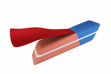 Pen Ink eraser in red superhero cape on white background. Back to school or ready for school or education and reading or power or like a hero or confident concept. 3D illustration