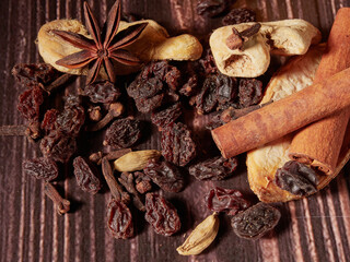 christmas mulled wine, a set of spices and fruits for mulled wine