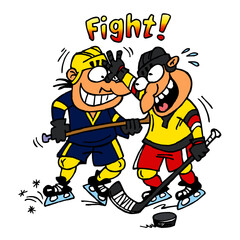 Hockey players fight hard for the puck, attack and foul, winter sport joke, color cartoon