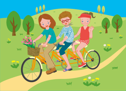 Three women on a three-seater bicycle