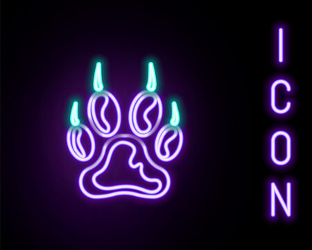 Glowing neon line Paw print icon isolated on black background. Dog or cat paw print. Animal track. Colorful outline concept. Vector.