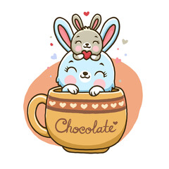 Cute bunny in chocolate cup isolated on white background.