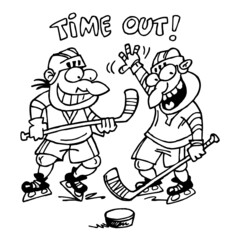 Hockey players play bully and one of them screaming timeout, winter sport joke, black and white cartoon