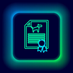 Glowing neon line Medical certificate for travel with dog or cat icon isolated on black background. Document for pet. Dog or cat paw print. Colorful outline concept. Vector.