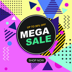 Obraz premium Mega sale modern banner template design. Vector stock illustration for social media. Memphis Style, discounts, bright colors