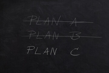 Crossing out Plan A and Plan B and writing Plan C on a blackboard