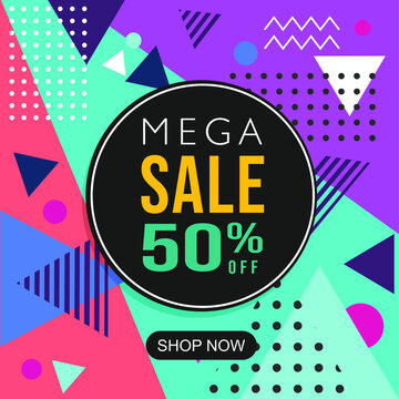 Mega sale modern banner template design. Vector stock illustration for social media. Memphis Style, discounts, bright colors