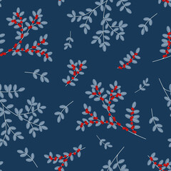 natural pastel blue seamless pattern with red berries in vintage style