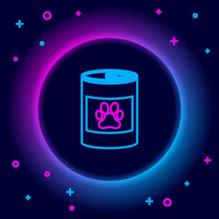 Glowing neon line Canned food icon isolated on black background. Food for animals. Pet food can. Dog or cat paw print. Colorful outline concept. Vector.