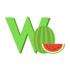 Fruits Alphabet - Letter W for Watermelon. Education for Kids Flat Vector Illustration.