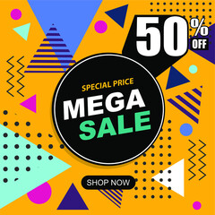 Mega sale modern banner template design. Vector stock illustration for social media. Memphis Style, discounts, bright colors