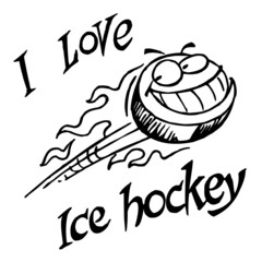 Hockey puck with face flying with flames around and tag I love ice hockey, winter sport joke, black and white cartoon