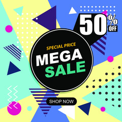 Obraz premium Mega sale modern banner template design. Vector stock illustration for social media. Memphis Style, discounts, bright colors