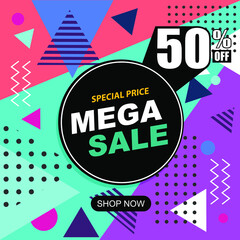 Obraz premium Mega sale modern banner template design. Vector stock illustration for social media. Memphis Style, discounts, bright colors