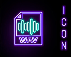 Fototapeta na wymiar Glowing neon line WAV file document. Download wav button icon isolated on black background. WAV waveform audio file format for digital audio riff files. Colorful outline concept. Vector.