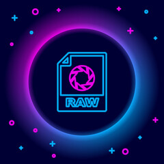 Glowing neon line RAW file document. Download raw button icon isolated on black background. RAW file symbol. Colorful outline concept. Vector.
