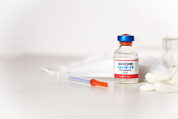  Medical concept of vaccination of hypodermic injection therapy. One vial of Covid-19 vaccine. Best protection for coronavirus.