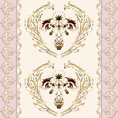 Vector seamless pattern in baroque style of golden acanthus leaves and gorgeous vase of flowers