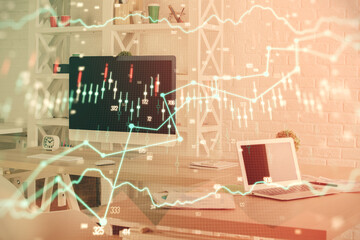 Double exposure of financial graph drawing and office interior background. Concept of stock market.