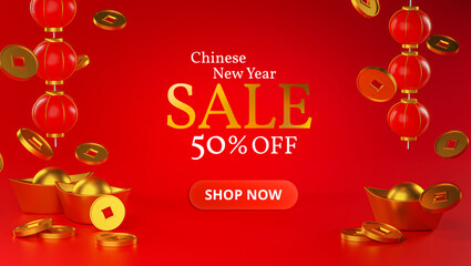 Chinese New Year Sale Banner Design. Lantern and Chinese Gold Coin Ingot 3D Rendering