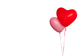Fototapeta na wymiar Two air rubber balloon, red and pink, symbol of love, in form of heart with helium, isolated on white background, close-up. Studio shot with copy space.