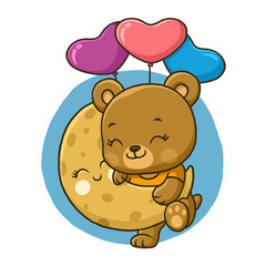 Cute bear on moon with hearts balloon isolated on white background.