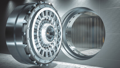 thick security door of bank vault, safety deposit boxes inside.