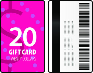 A $20 gift card in a bright, bold design in portrait format.