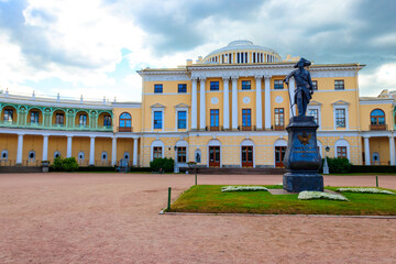 Monument to emperor Paul the First in front of Pavlovsk Palace, Russia. Inscription on pedestal: To emperor Paul the First - the founder of Pavlovsk 1872