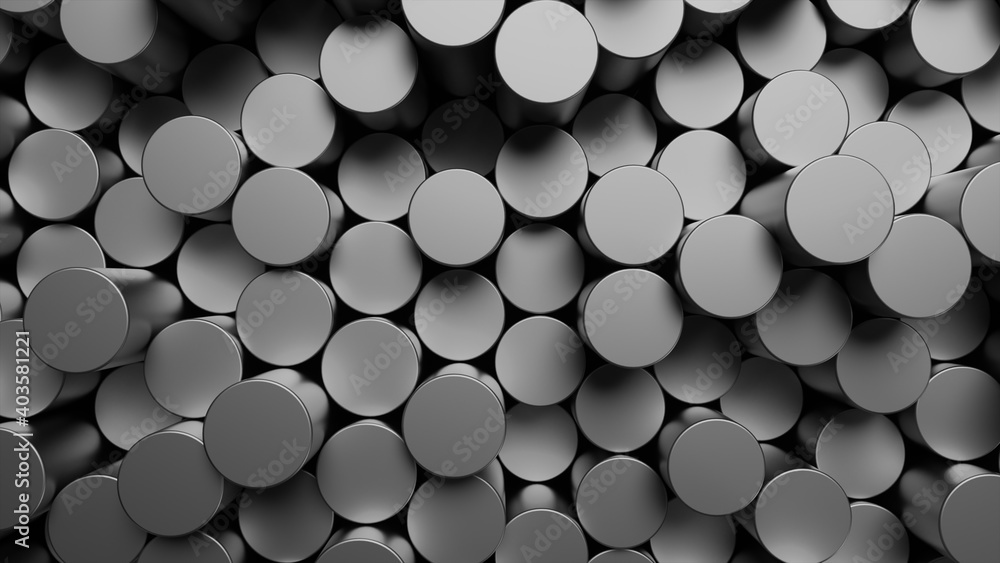 Poster round mosaic surface with random metal cylinders. abstract geometric background. 3d rendering illust