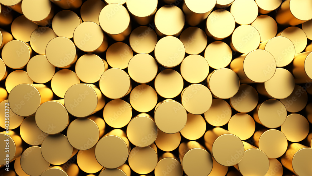 Poster round mosaic surface with random golden cylinders. abstract geometric background. 3d rendering illus