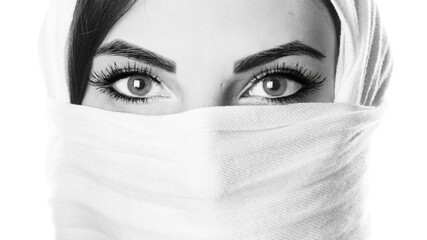 black and white portrait of a woman with a veil, eyes closeup