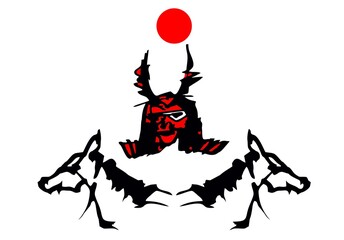 Samurai in armor with horse and red sun design for graphic or logo.

