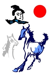 Fototapeta na wymiar Samurai in armor with horse and red sun design for graphic or logo. 