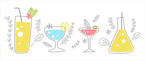 cute minimal doodle illustration vector in theme of party and celebration ; cocktails drink set 