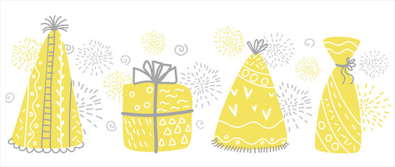 cute minimal doodle illustration vector in theme of party and celebration ; party hat and gift boxes