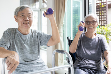 Strong senior woman and healthy asian grandmother enjoying exercise lifting weights,old elderly...