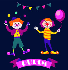 Happy Purim, Jewish holiday. GROUP OF FUNNY VECTOR CLOWNS